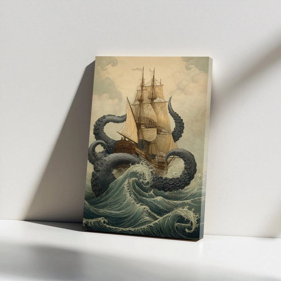 Kraken Attacking Ship Canvas Wall Art | Vintage Nautical Sea Monster Print | Premium Thick Gallery Canvas | Ocean Themed Home Decor Gift