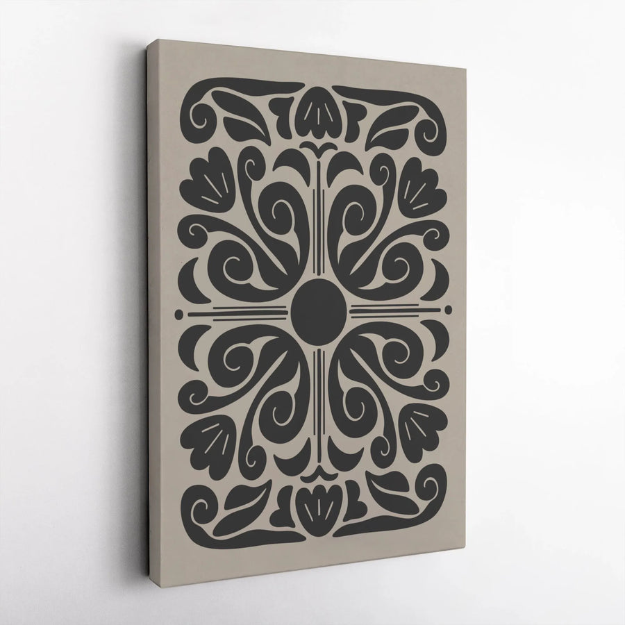 Symmetrical Folk Art Floral Canvas | Black and Beige Botanical Print | 1.25-Inch Gallery Wrap | Modern Minimalist Home Wall Decor