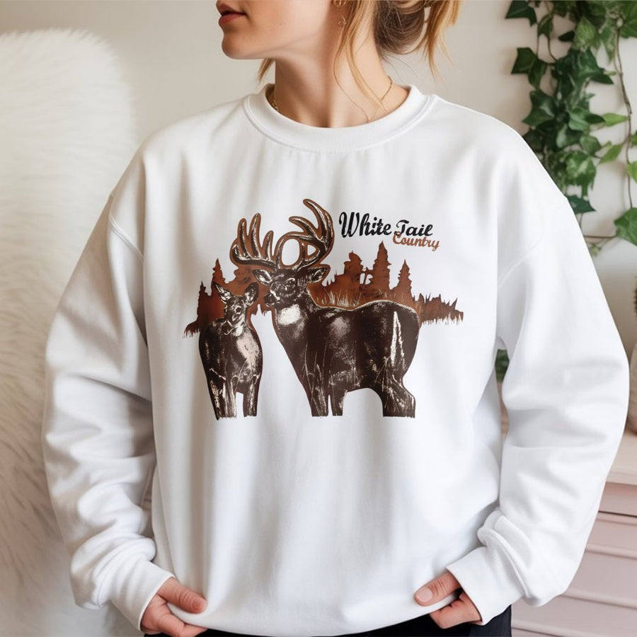 Whitetail Deer Sweatshirt | Rustic Buck and Doe Nature Graphic | Premium Cotton-Poly Blend | Cozy Hunting Gift for Outdoorsmen and Wildlife Lovers