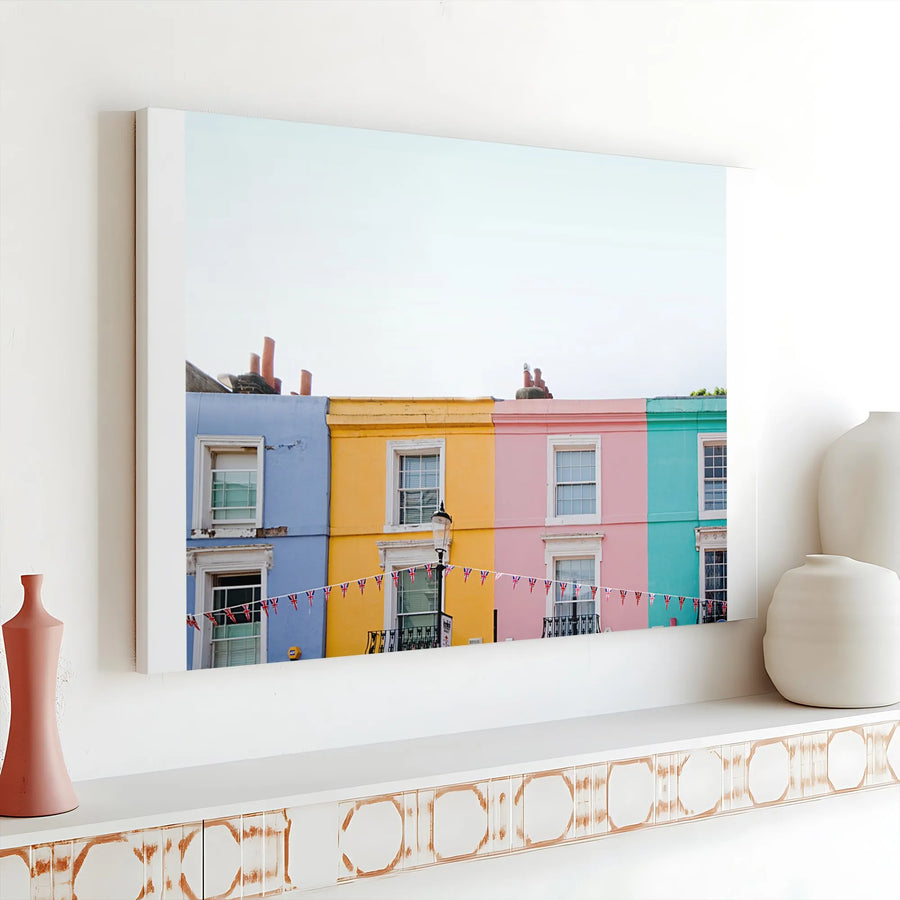 Colorful Notting Hill Houses Canvas Wall Art | Pastel London Street Photography | Premium 1.25" Thick Gallery Wrap | UK Travel Lover Home Decor Gift