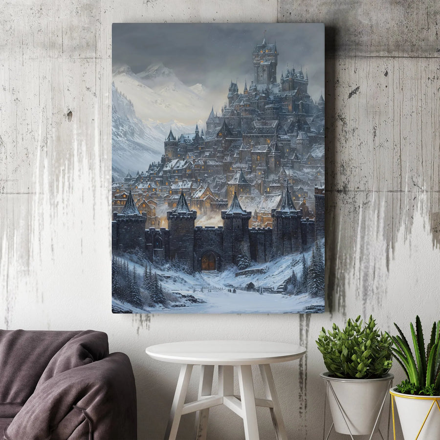Winter Castle Canvas Wall Art | Snowy Medieval Mountain City Landscape | Premium Gallery Wrapped Print | Fantasy Home Decor Gift for Fantasy Lovers