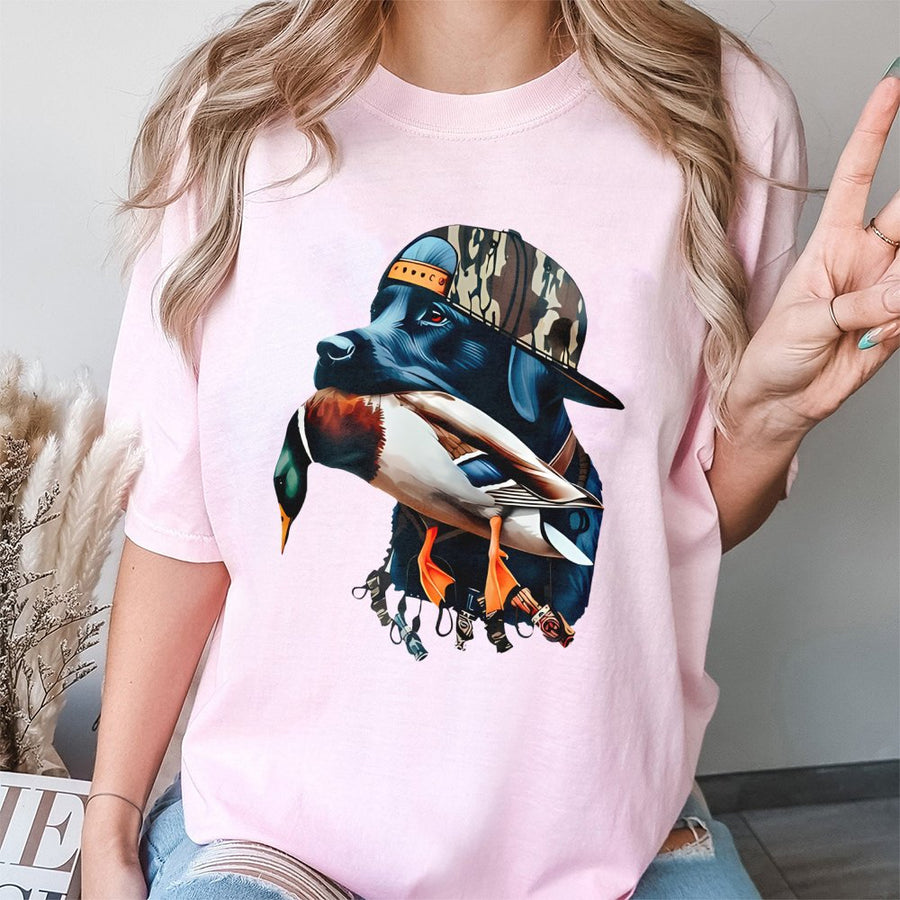 Hunting Dog T-Shirt | Lab with Mallard Duck Camo Hat Graphic | 100% Cotton Premium Apparel | Outdoor Gift for Hunters and Dog Lovers