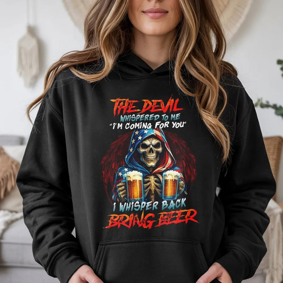 The Devil Whispered To Me Bring Beer Hoodie | Patriotic USA Flag Grim Reaper Design | Premium Cotton Blend | Funny Drinking Gift For Beer Lovers