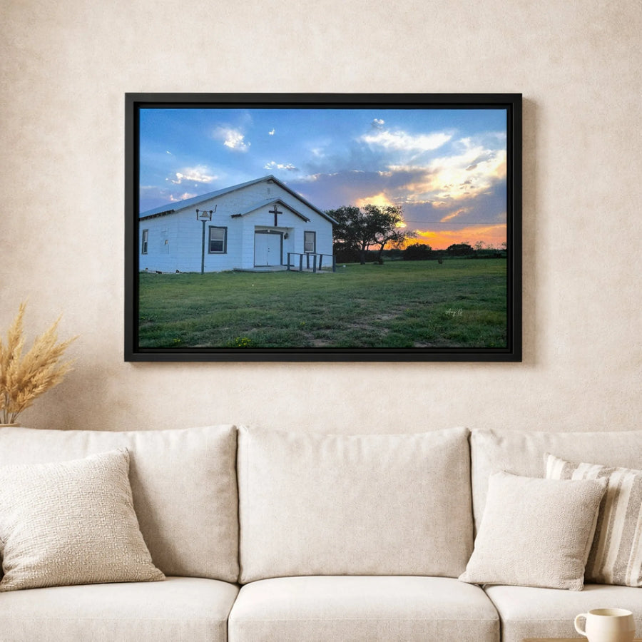 Rural Country Church Canvas | White Chapel Sunset Landscape | Gallery Quality Wall Art | Religious Farmhouse Decor Gift