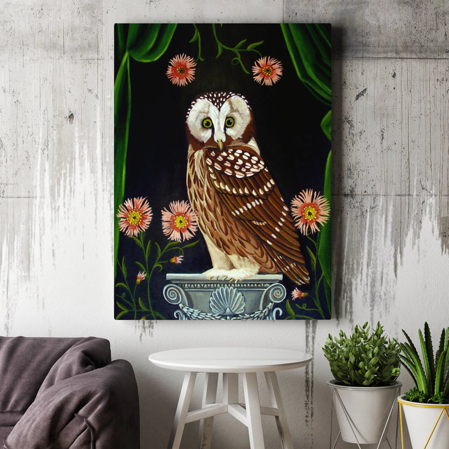 Guardian Owl Vertical Canvas | Victorian Style Bird and Floral Art | Thick Gallery Wrapped Canvas | Premium Dark Academia Wall Decor Gift for Bird Lovers