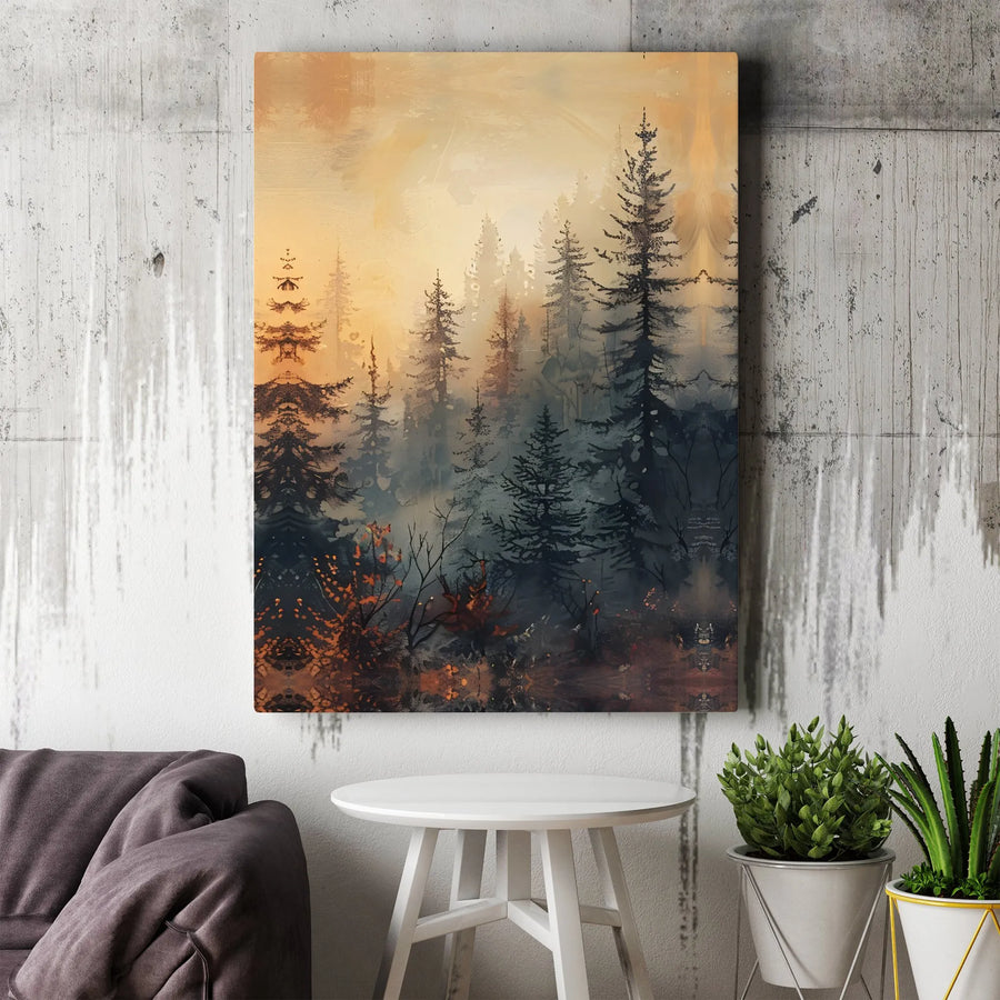 Misty Pine Forest Wall Art | Watercolor Sunrise Landscape Canvas | Premium Fade-Resistant Print | Nature Inspired Modern Home Decor