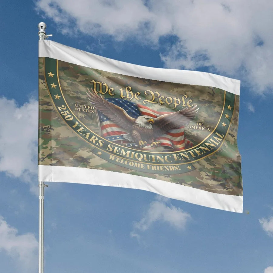 250th Anniversary Semiquincentennial House Flag | We The People Eagle & Camo | Double-Sided Weather-Resistant Fabric | Patriotic Yard Decor Gift