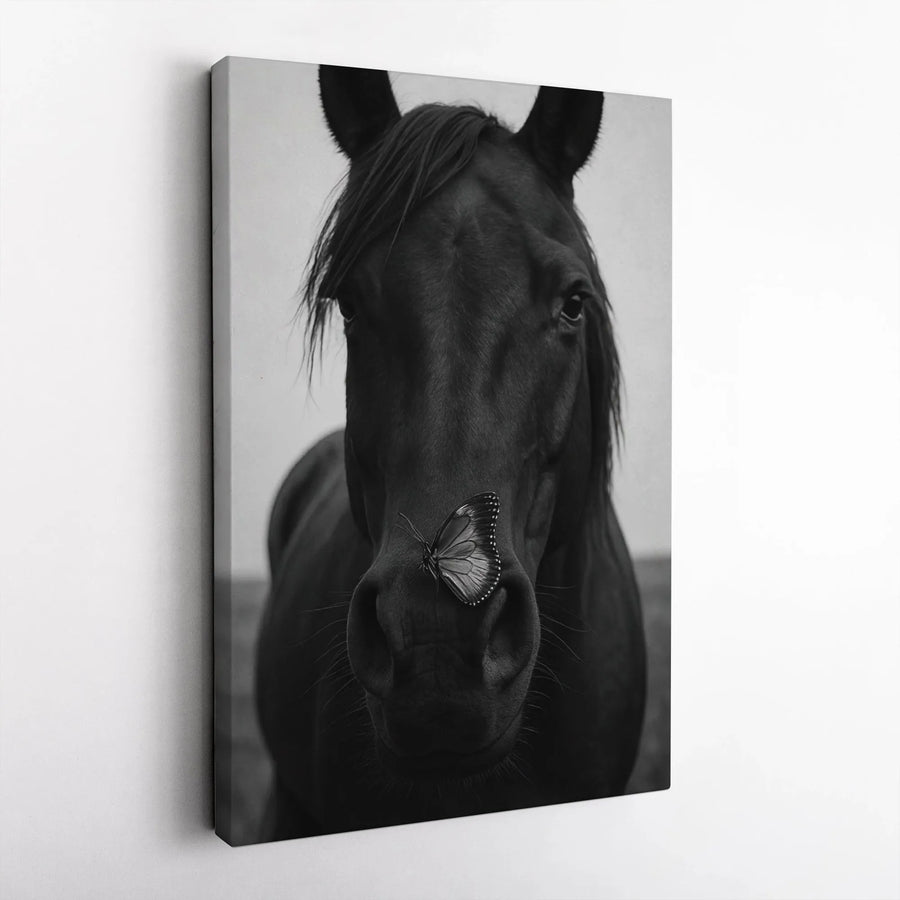 Black Horse and Butterfly Vertical Canvas | Monochrome Photography Wall Art | Premium 1.25" Thick Gallery Wrap | Modern Farmhouse Decor Gift for Equestrian