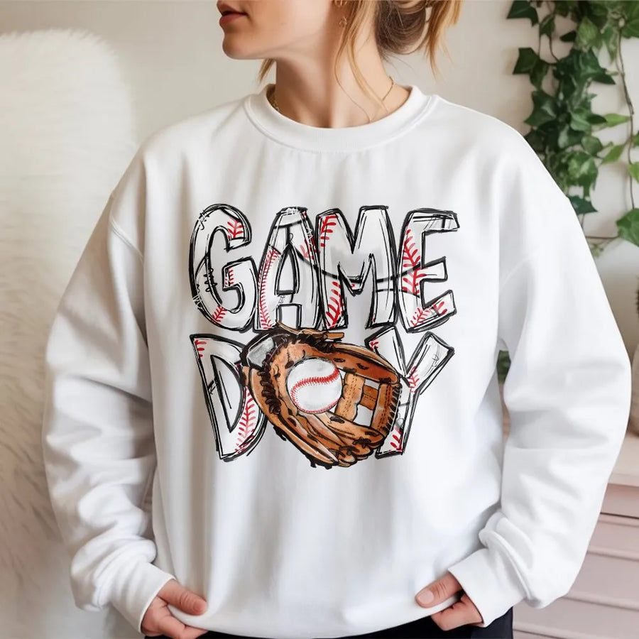 Game Day Baseball Sweatshirt | Sketch Style Baseball Stitch Graphic | Soft Cotton Unisex Tee | Gift for Baseball Mom and Sports Fans