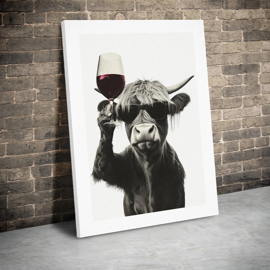 Highland Cow Canvas Wall Art | Funny Sunglasses Red Wine Print | Gallery Wrapped Premium Decor | Gift for Wine Lovers & Farmhouse Kitchen