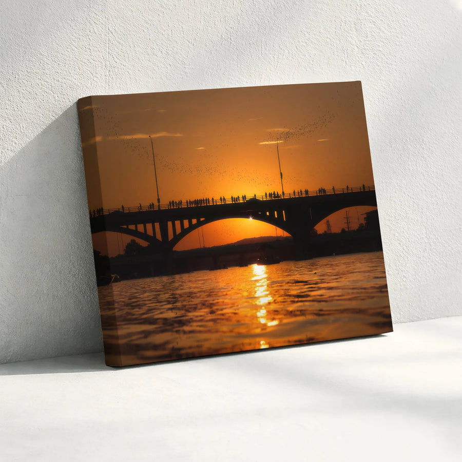 Austin Bat Bridge Sunset Horizontal Canvas | Congress Avenue Bridge Bats Sunset Silhouette Wall Art | Premium 1.25 Inch Gallery Wrap Print | Modern Texas Travel Gift
