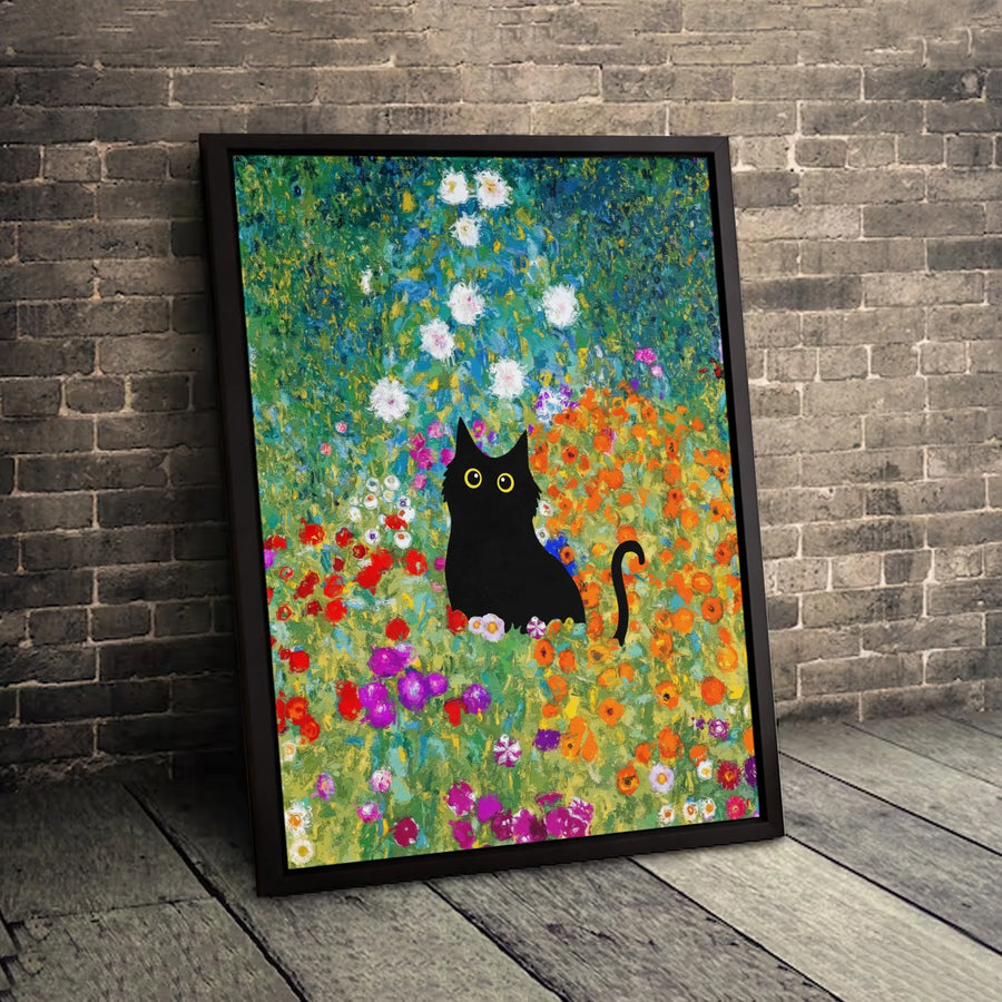Black Cat Wall Art | Impressionist Flower Garden Painting | Gallery-Quality 1.25" Thick Canvas Print | Whimsical Nature Decor Gift