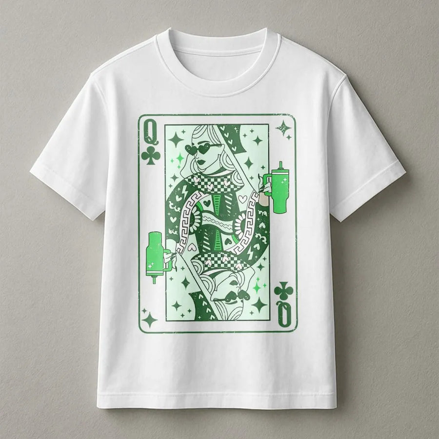 Queen of Clubs St. Patrick's Day T-Shirt | Retro Playing Card Graphic | Premium Cotton Unisex Tee | Funny Pub Crawl Gift for Her