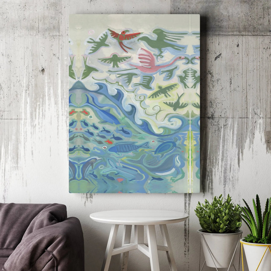 Ocean Wildlife Canvas Wall Art | Birds And Fish Abstract Coastal Print | Premium Gallery-Wrapped 1.25" Profile | Nautical Home Decor Gift