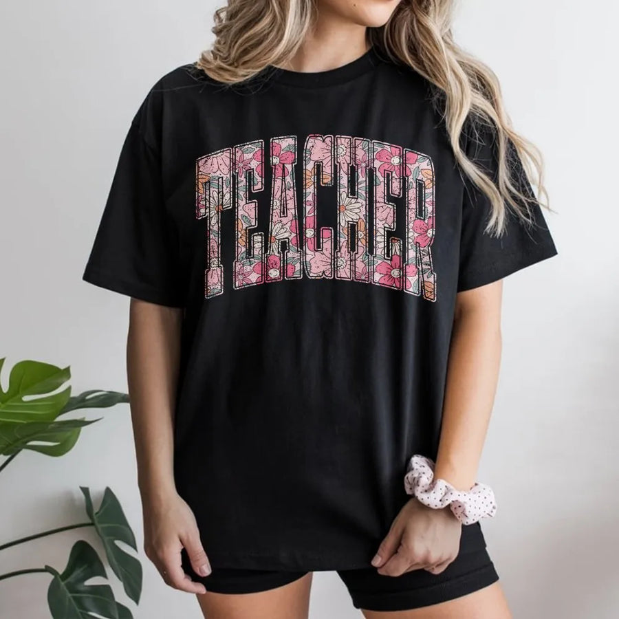Floral Teacher T-Shirt | Retro Spring Flower Graphic Crewneck | Soft Cotton Blend Pullover | Teacher Appreciation Gift