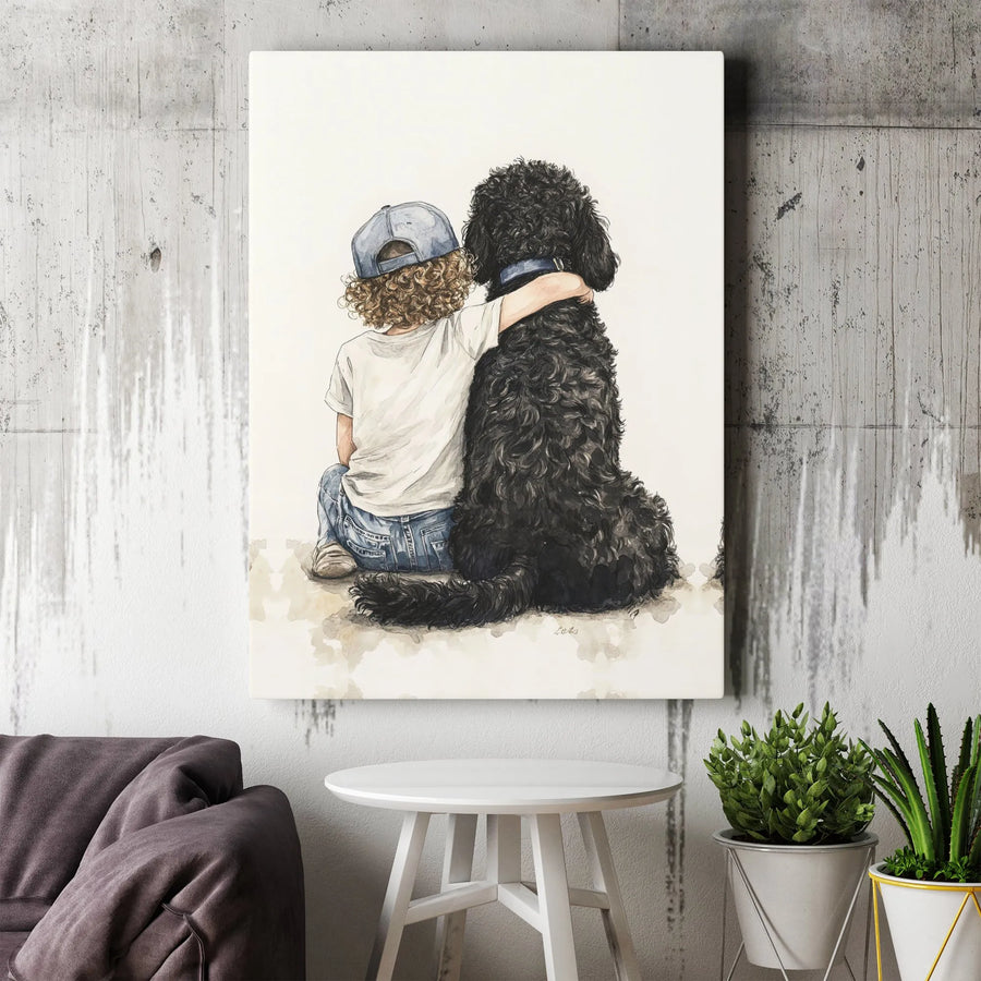 Boy and Black Poodle Canvas Print | Watercolor Best Friends Portrait | Premium Gallery Wrapped Art | Nursery Decor Gift for Dog Lover