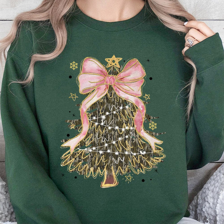 Camo Christmas Tree Sweatshirt | Coquette Pink Bow Graphic | Premium Cotton Blend | Trendy Holiday Gift for Her