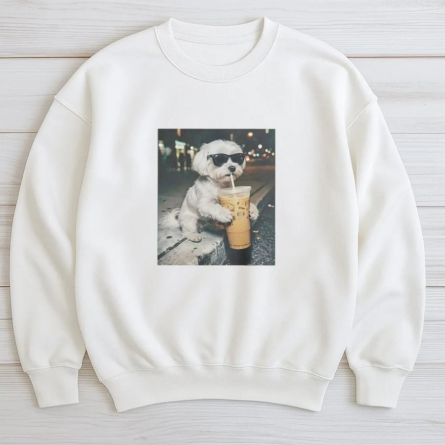 Funny Maltese Dog Sweatshirt | Dog with Sunglasses Drinking Coffee | Soft Unisex Pullover | Premium Gift for Dog Mom & Coffee Lover
