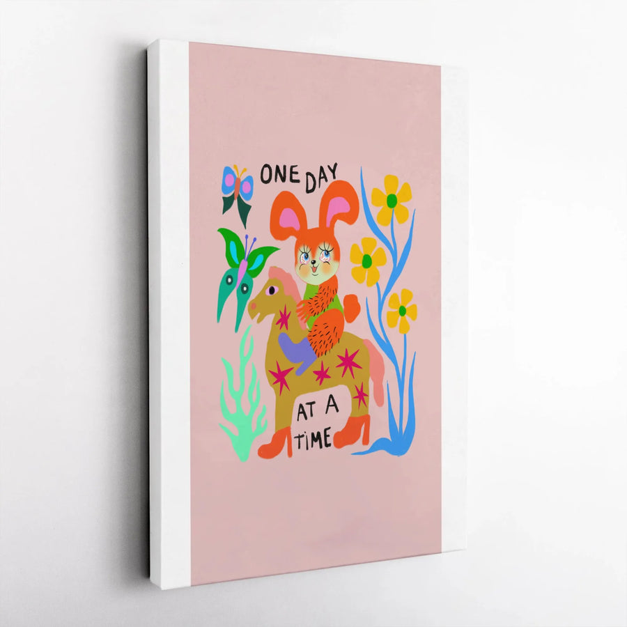 One Day At A Time Vertical Canvas | Whimsical Rabbit & Horse Illustration | Premium Gallery Wrapped Print | Inspirational Sobriety Gift