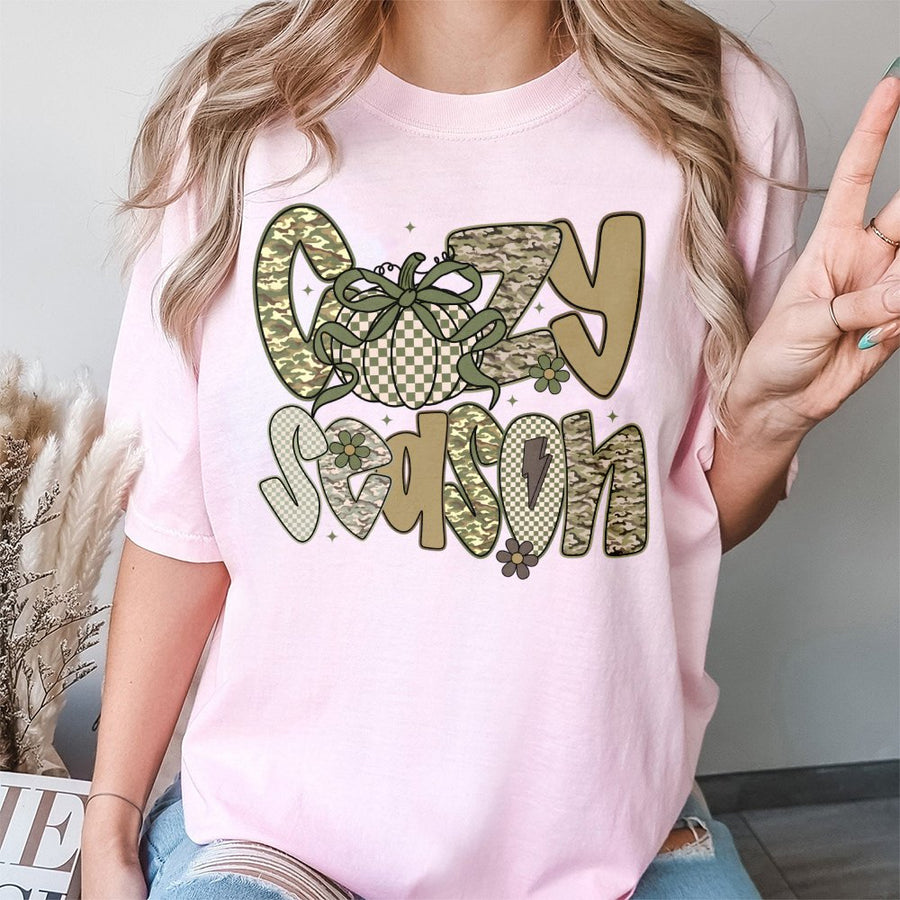 Cozy Season T-Shirt | Fall Pumpkin Camo Graphic Print | Premium Soft Cotton | Gift For Women Who Love Autumn Hunting Apparel