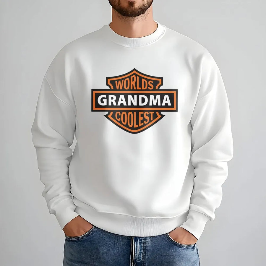 Worlds Coolest Grandma Sweatshirt | Biker Shield Graphic Design | Premium Cotton Blend | Funny Gift for Grandmother, Nana, Gigi
