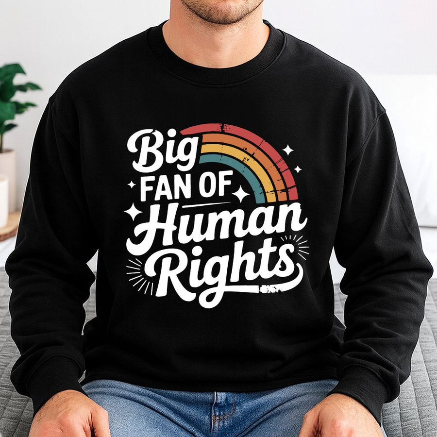 Big Fan Of Human Rights Sweatshirt | Retro Rainbow Aesthetic Graphic | Premium Cotton Blend | Equality Activist Gift For Social Justice Advocates