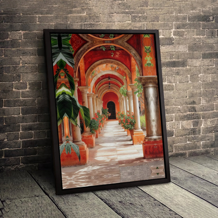 Mediterranean Architecture Canvas Wall Art | Orange Arched Colonnade with Potted Plants | Premium Gallery Wrapped Print | Tuscan Home Decor Gift