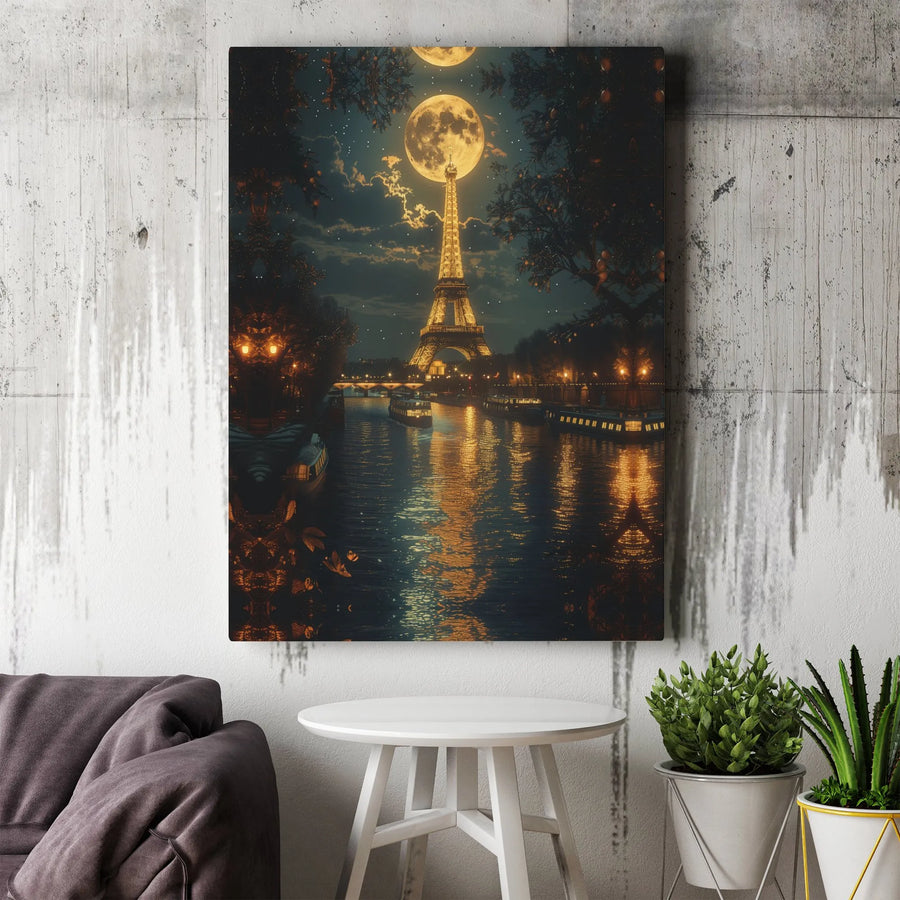 Eiffel Tower Canvas Print | Romantic Full Moon Over Seine River | Gallery Quality Canvas | Paris Lover Gift & Home Decor
