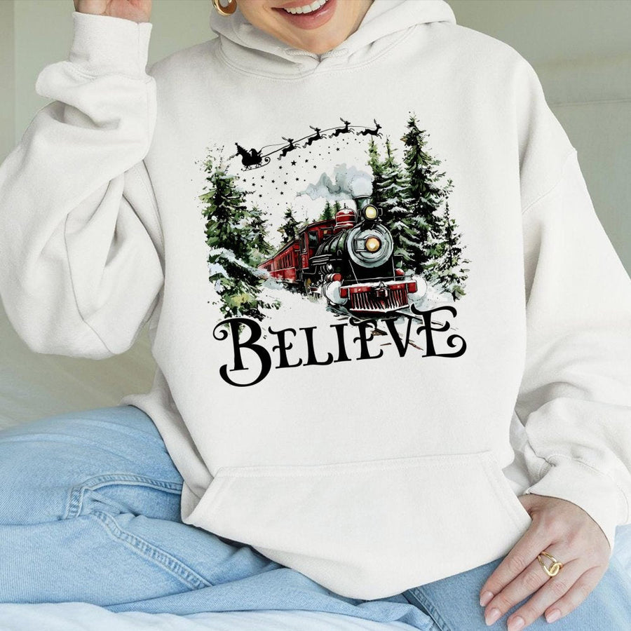 Believe Christmas Train Hoodie | Vintage Winter Holiday Graphic | Premium Cotton-Poly Blend | Cozy Unisex Gift for Train Lovers