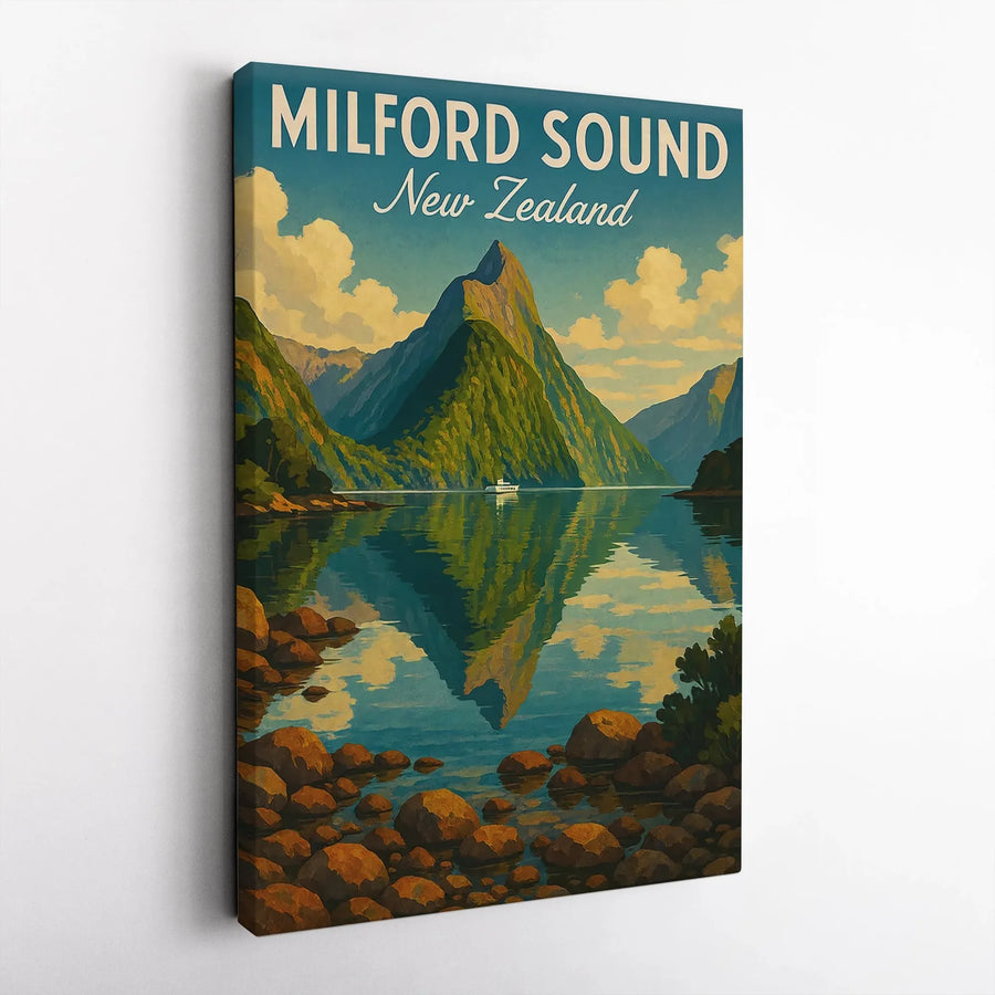Milford Sound Travel Poster | New Zealand Landscape Wall Art | Premium Gallery Canvas | Gift for Travel Lovers & Nature Decor