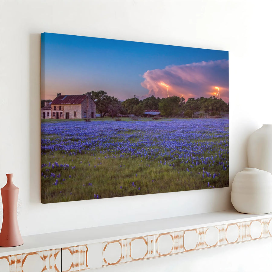 Texas Bluebonnet Field with Lightning Storm Horizontal Canvas | Rustic Hill Country Farmhouse Sunset Landscape Art | 1.25 Inch Gallery Wrap | Texas Pride Housewarming Gift