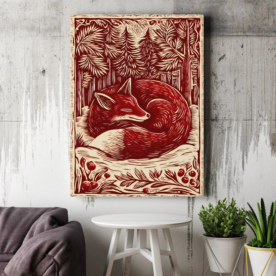 Sleeping Fox Wall Art | Woodcut Style Forest Print | Premium Gallery Wrap Canvas | Rustic Nature Decor for Woodland Nursery or Home