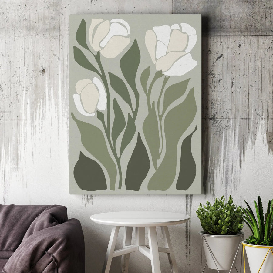 Minimalist Floral Canvas Wall Art | Abstract Sage Green Botanical Illustration | Premium Gallery Wrap Print | Modern Home Decor Gift for Living Room