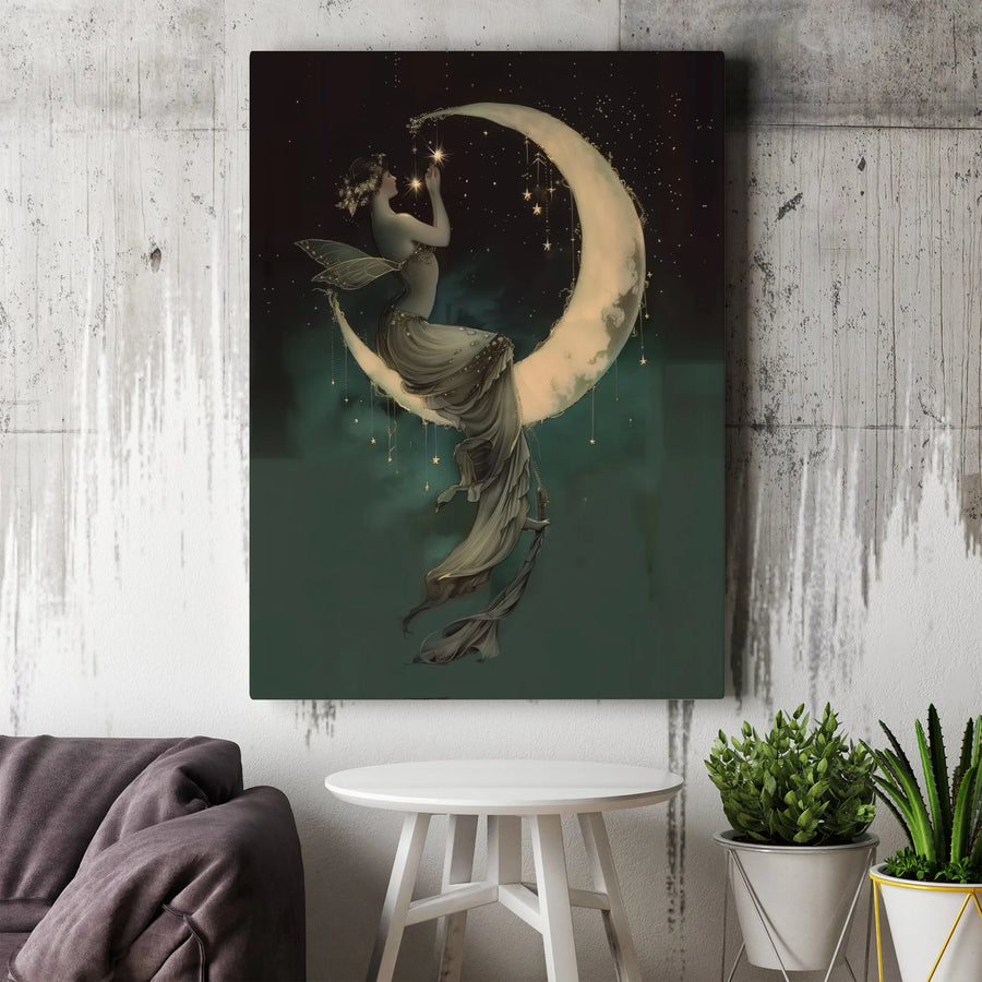 Fairy Wall Art | Celestial Crescent Moon and Stars Aesthetic Decor | Premium Gallery Wrap Canvas | Magical Whimsical Home Gift