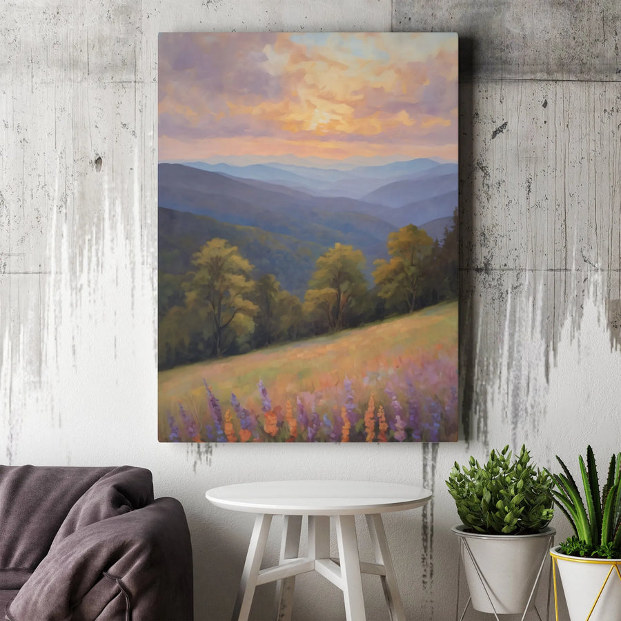 Mountain Sunset Canvas Wall Art | Impressionist Wildflower Meadow Landscape | 1.25-Inch Gallery Wrap Print | Nature Lover Home Decor Gift
