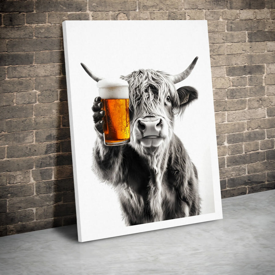 Highland Cow Wall Art | Funny Beer Drinking Farm Animal | Premium Canvas Print | Rustic Pub Decor Gift for Beer Lovers