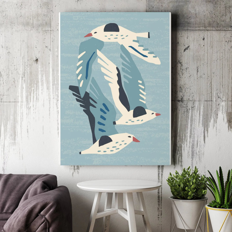 Flying Seagulls Vertical Canvas | Minimalist Scandinavian Folk Art Birds | Premium Gallery Wrap Wall Art | Modern Coastal Home Decor Gift