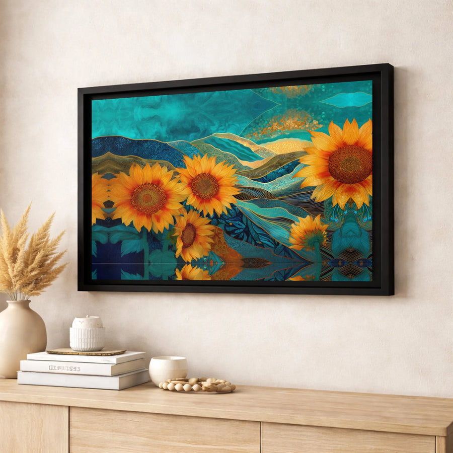 Abstract Sunflower Canvas Wall Art | Teal and Gold Landscape Print | Premium Gallery-Wrapped Decor | Botanical Modern Home Gift