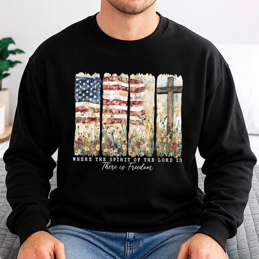 Where The Spirit Of The Lord Is There Is Freedom Sweatshirt | Patriotic American Flag & Cross Design | Premium Cotton Blend | Christian Religious Gift