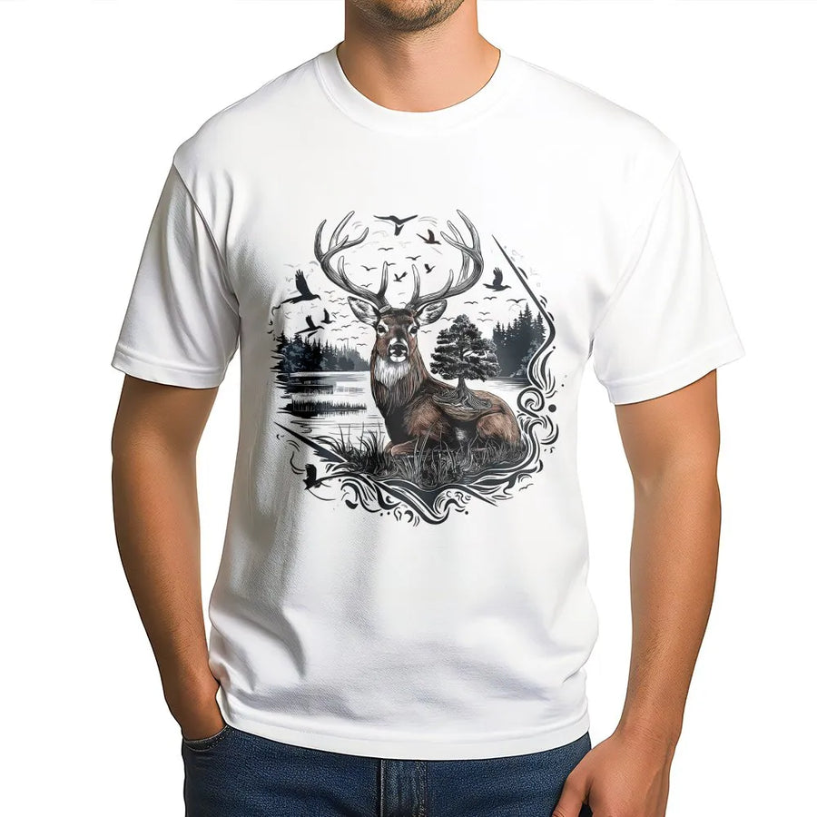 Majestic Deer Graphic T-Shirt | Wilderness Nature Wildlife Art | Premium 100% Cotton Tee | Gift for Hunters and Outdoorsmen