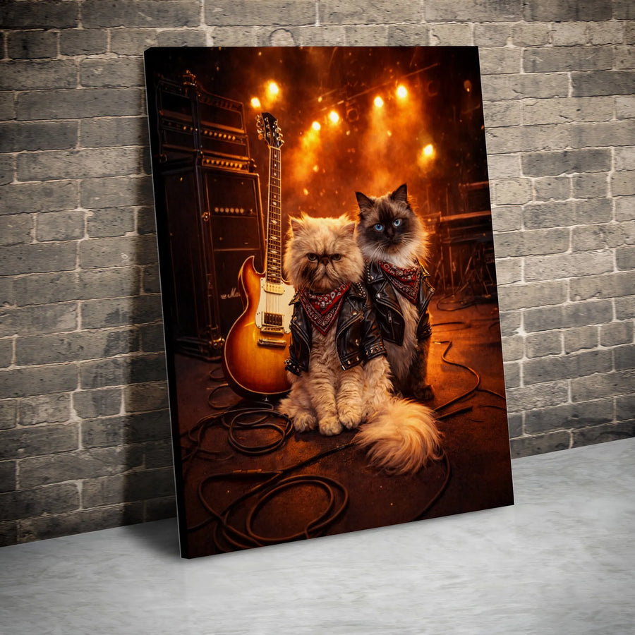 Rockstar Cats Canvas Wall Art | Funny Biker Cat Portrait with Guitar | Premium 1.25" Thick Profile | Unique Gift for Cat Lover & Musician