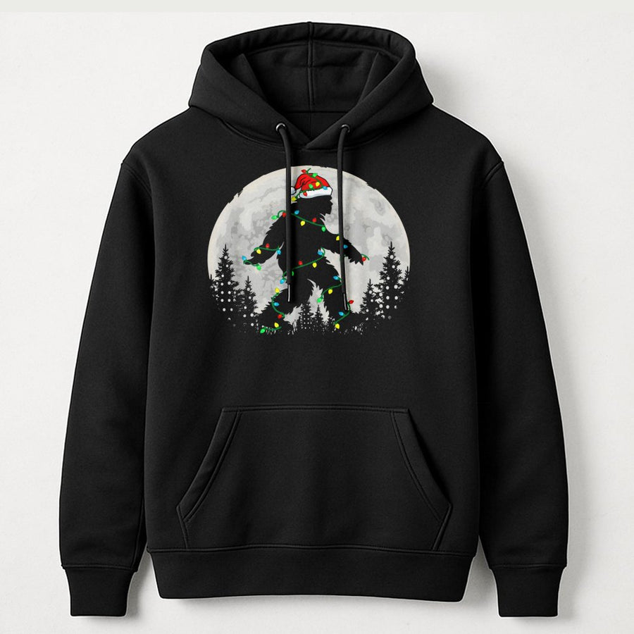 Bigfoot Christmas Hoodie | Sasquatch Wearing Santa Hat and Holiday Lights | Premium Cotton-Blend | Funny Winter Graphic Gift for Yeti Lovers