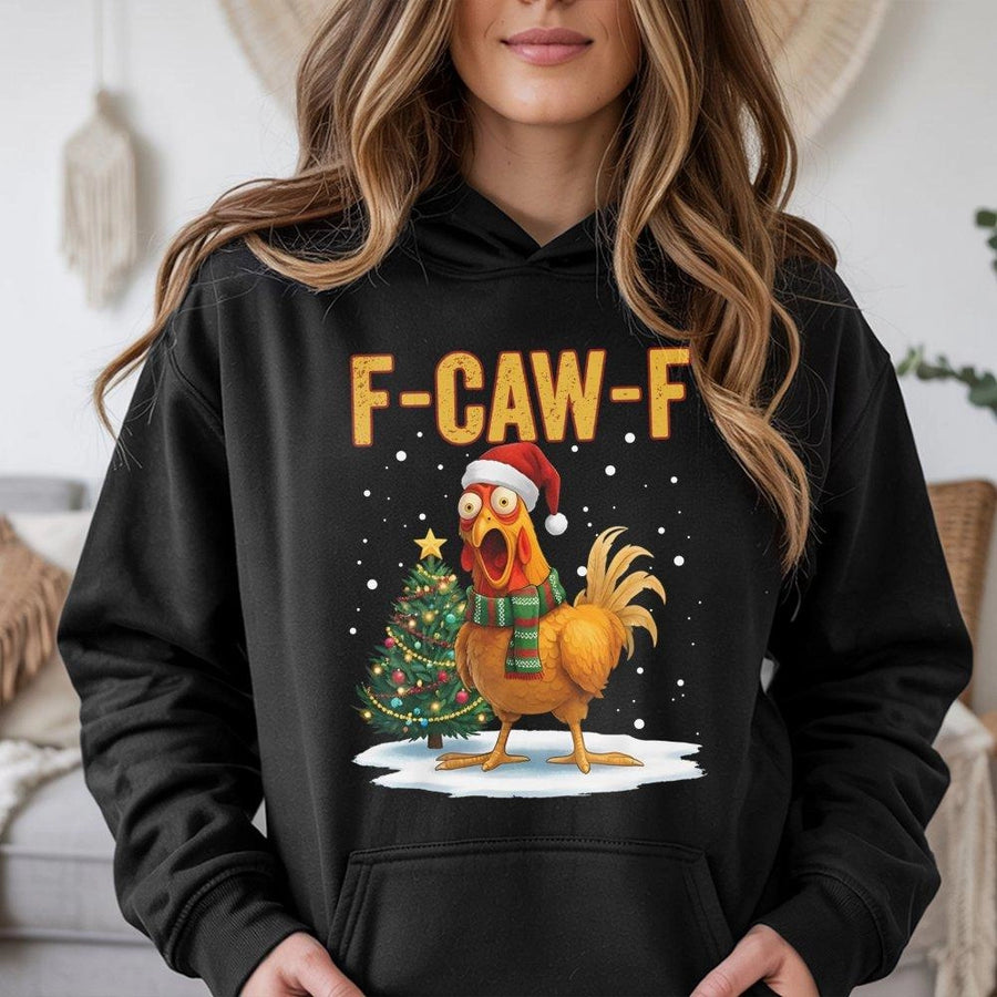 Funny Chicken Christmas Hoodie | F-Caw-F Xmas Pun Graphic | Premium Cotton Blend Unisex Sweatshirt | Humorous Holiday Gift for Poultry Lovers