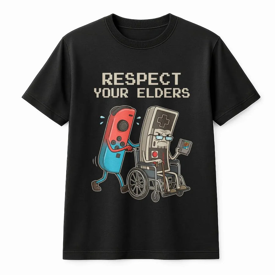 Respect Your Elders Gamer T-Shirt | Retro Console Gaming Graphic Tee | 100% Premium Cotton | Funny Gift for Video Game Lovers and Retro Gamers