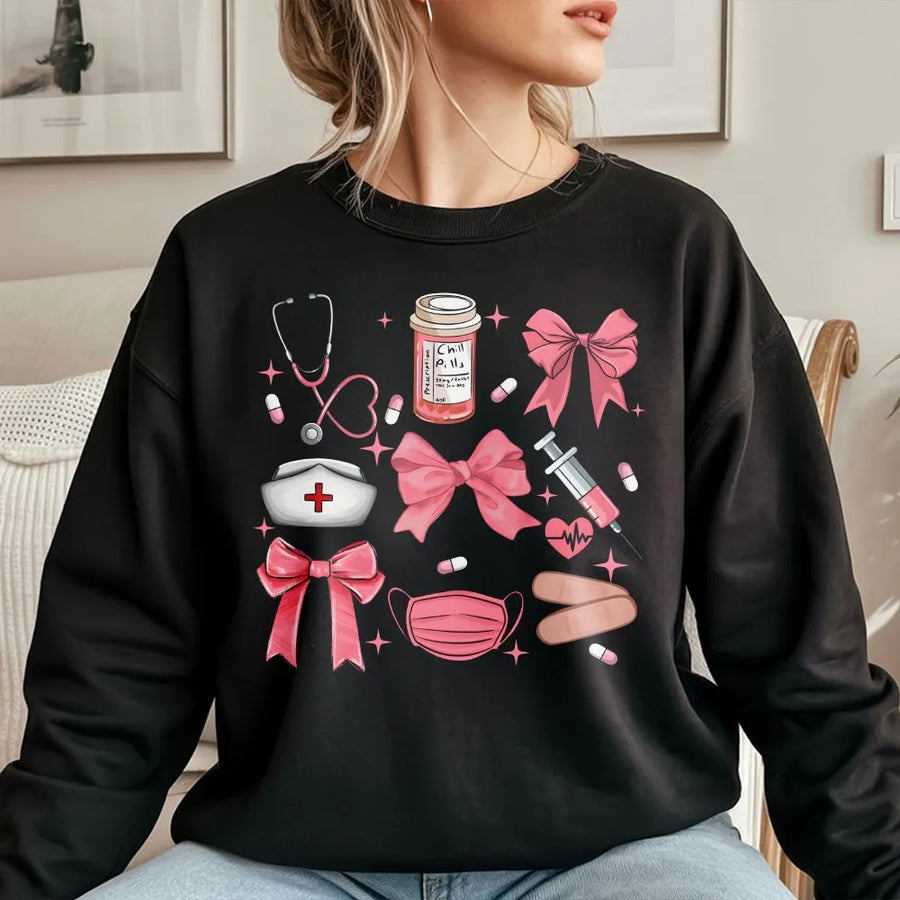 Coquette Nurse Sweatshirt | Aesthetic Pink Bow Stethoscope Design | Soft Cotton Blend | Nursing School Graduation Gift for Her