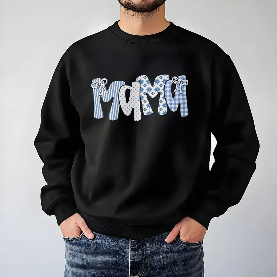 Mama Sweatshirt | Cute Blue Gingham & Floral Lettering | Cozy Cotton Blend Pullover | Gift for New Mom, Mothers Day Present