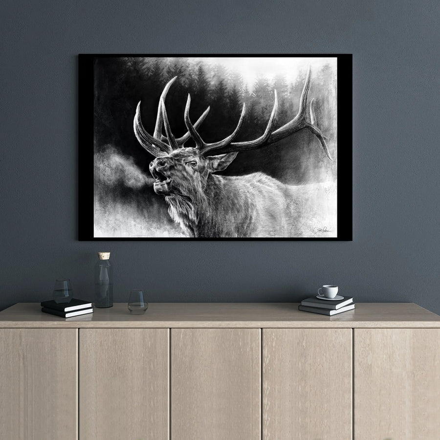 Bugling Bull Elk Canvas Art | Realistic Charcoal Forest Wildlife Print | Premium Gallery Wrap Wall Decor | Masculine Lodge & Cabin Gift
