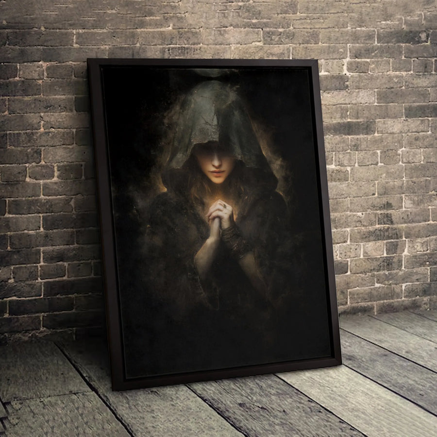 Dark Fantasy Hooded Mystic Canvas Art | Glowing Praying Hands Gothic Portrait | Premium Gallery-Wrapped Wall Decor | Occult Wall Art Gift