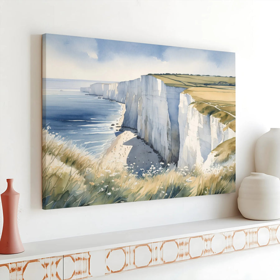 White Cliffs of Dover Canvas Print | Watercolor Seascape Painting | Premium Gallery Wrap Canvas | Coastal Living Room Decor Gift