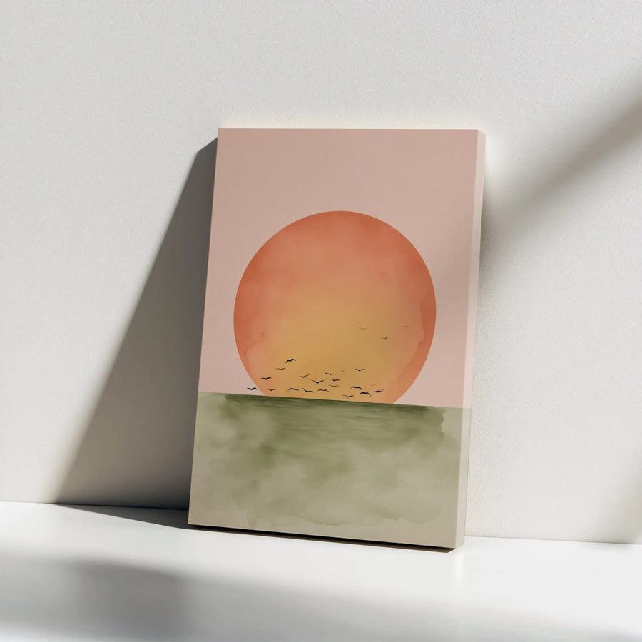 Minimalist Sunset Canvas Wall Art | Watercolor Ocean Scenery with Birds | Premium 1.25" Gallery Wrap | Modern Home Decor Gift